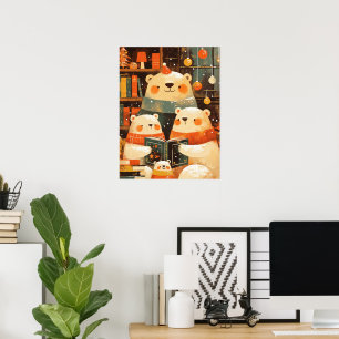 Polar Bear Family Reading Together on Christmas Poster