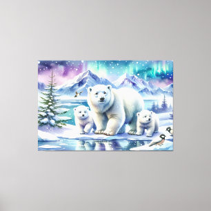 Polar Bear Family Snowy Scene Painting Canvas Print
