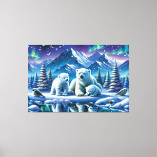 Polar Bear Family Snowy Scene Painting Canvas Print