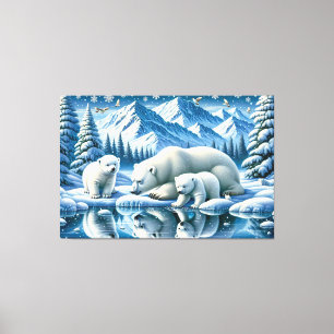 Polar Bear Family Snowy Scene Painting Canvas Print