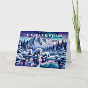 Polar Bear Family Snowy Scene Painting Foil Holiday Card