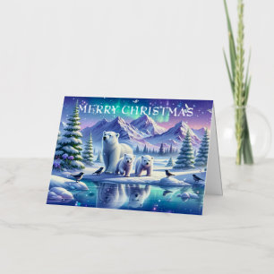 Polar Bear Family Snowy Scene Painting Foil Holiday Card