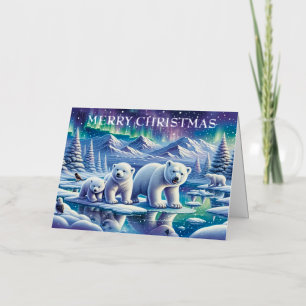 Polar Bear Family Snowy Scene Painting Foil Holiday Card
