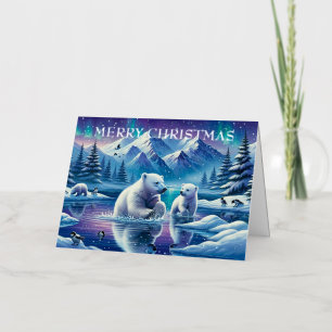 Polar Bear Family Snowy Scene Painting Foil Holiday Card