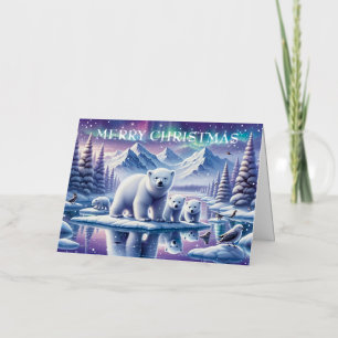 Polar Bear Family Snowy Scene Painting Foil Holiday Card