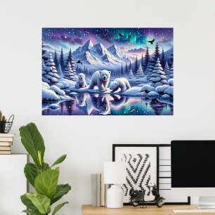 Polar Bear Family Snowy Scene Painting Poster