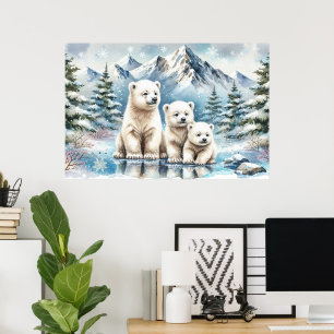 Polar Bear Family Snowy Scene Painting Poster