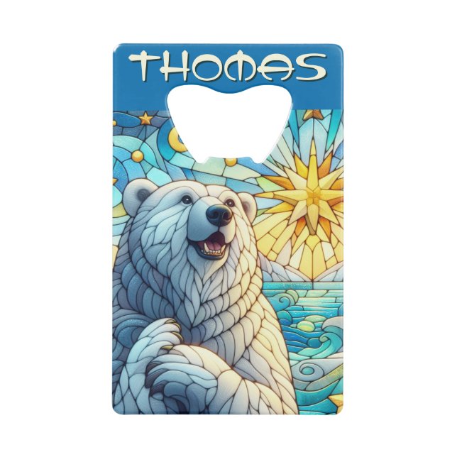Polar Bear Faux Stained Glass Personalized Credit Card Bottle Opener (Front)
