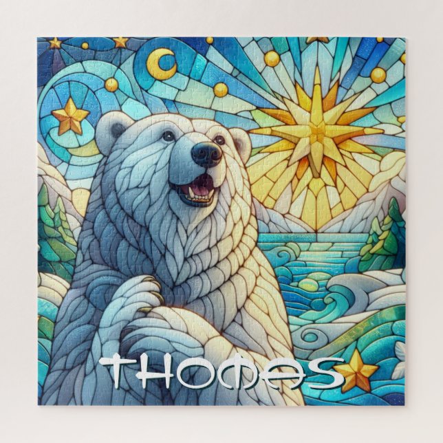 Polar Bear Faux Stained Glass Personalized Jigsaw Puzzle (Vertical)