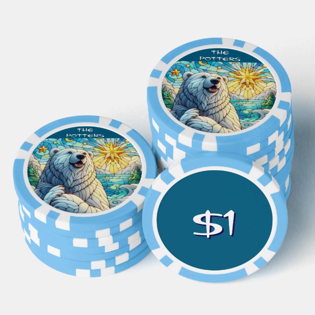 Polar Bear Faux Stained Glass Personalized Poker Chips (Stack)