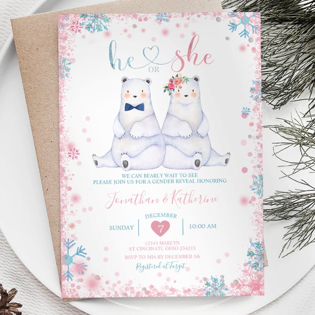 Polar Bear Gender Reveal He or She Snowflakes Invitation (Creator Uploaded)