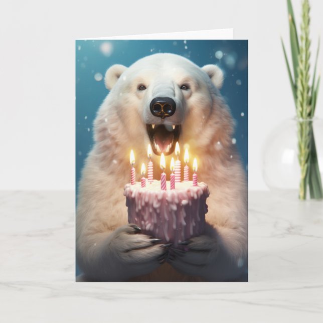 Polar Bear holding a Birthday Cake Card (Front)
