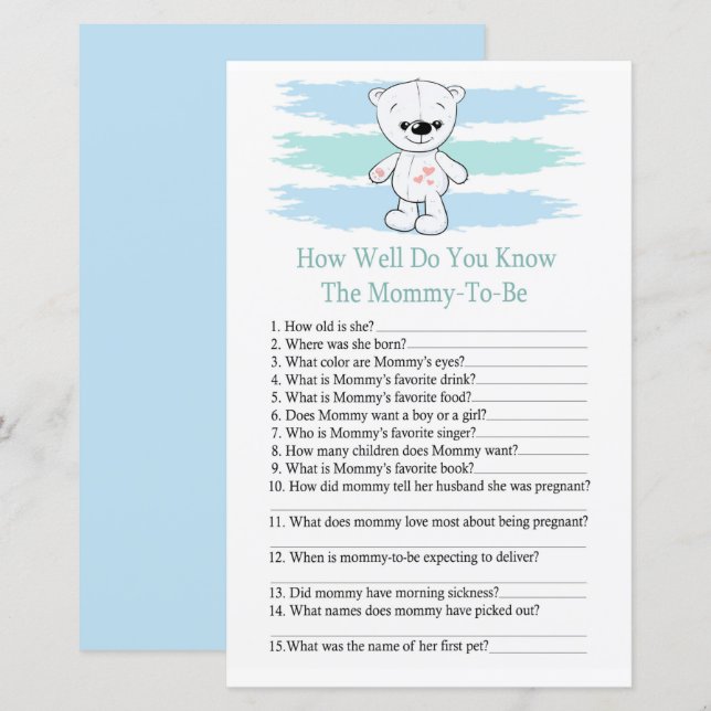 Polar bear How well do you know baby shower game (Front/Back)