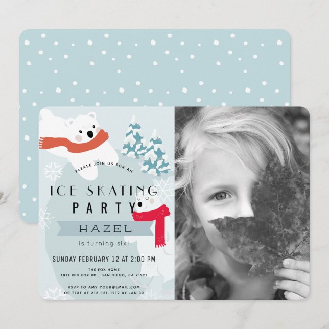 Polar Bear Ice Skating Blue Photo Birthday Party Invitation (Front/Back)