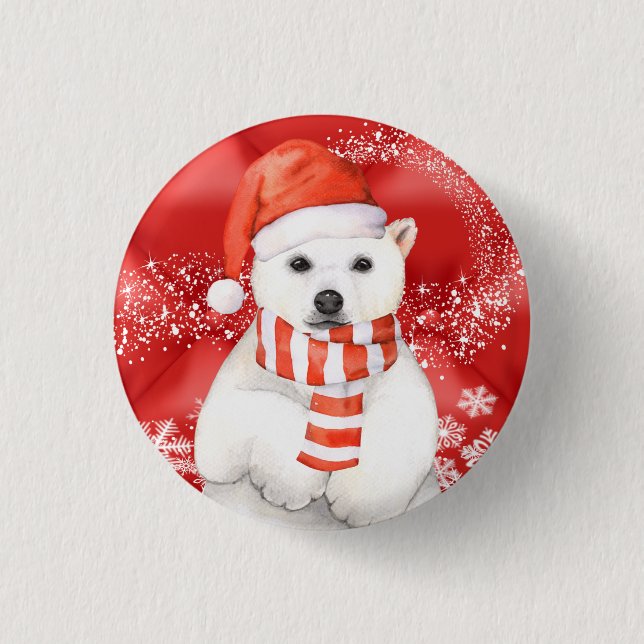 polar bear in a santa cap - snowflakes w white 1 inch round button (Front)