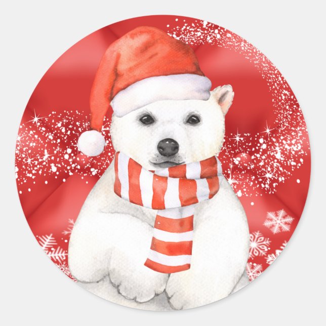 polar bear in a santa cap - snowflakes w white classic round sticker (Front)