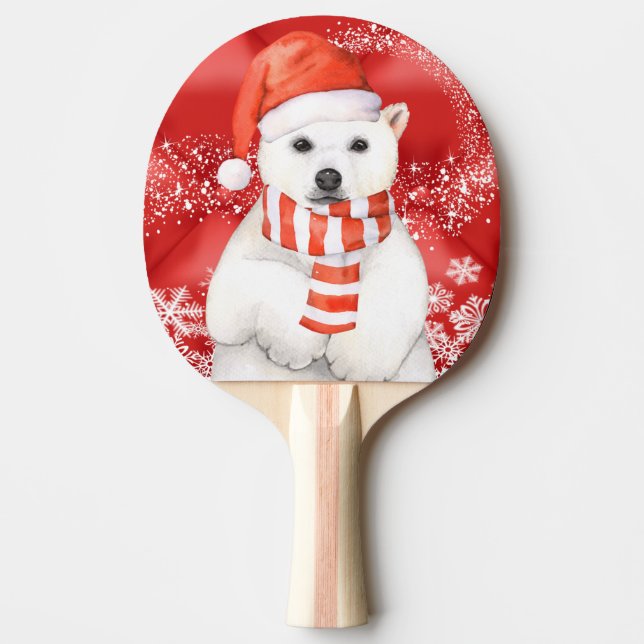polar bear in a santa cap - snowflakes w white ping pong paddle (Front)