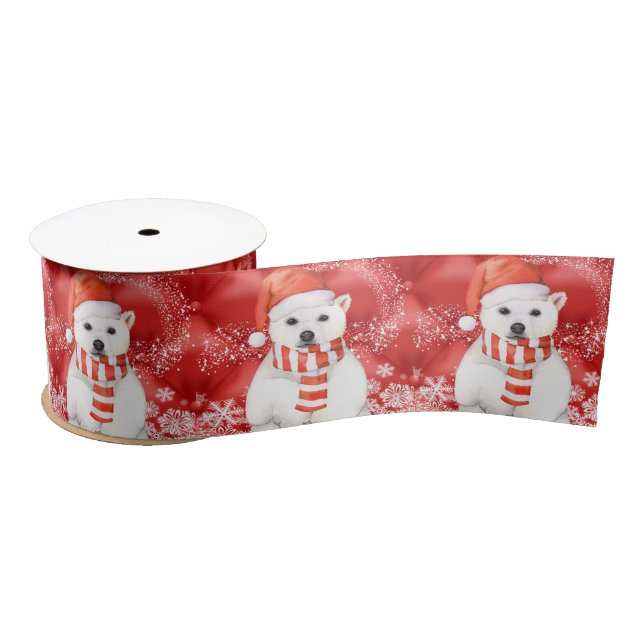 polar bear in a santa cap - snowflakes w white satin ribbon (Spool)