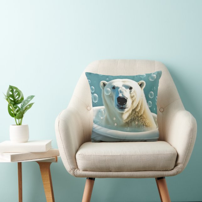 Polar Bear In Bubble Bath Throw Pillow (Chair)