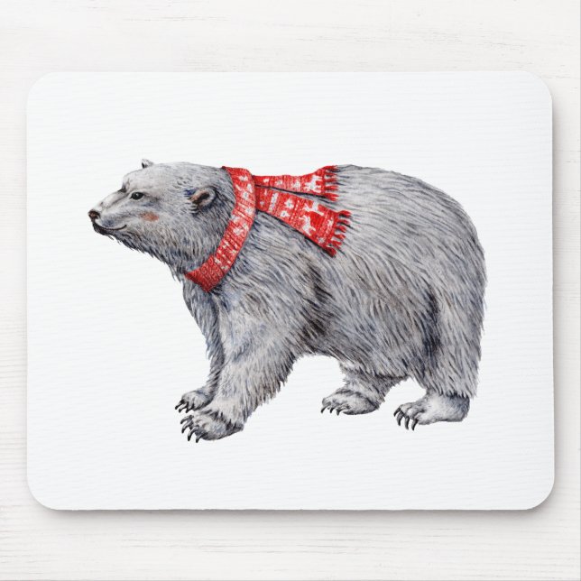 Polar Bear in Red Scarf Mouse Pad (Front)