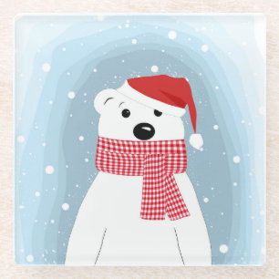 Polar bear in Santa hat, personalized Glass Coaster