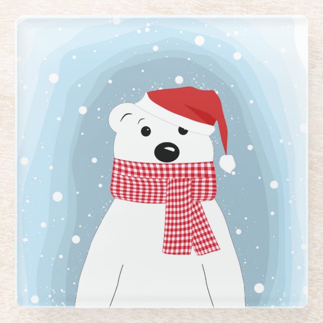Polar bear in Santa hat, personalized Glass Coaster (Front)