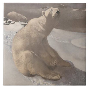 Polar bear in snow vintage illustration grey white tile