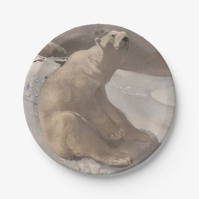 Polar bear in snow vintage illustration  paper plate (Front)