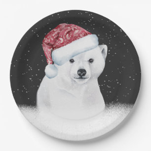 Polar Bear In Snowflakes Paper Plate