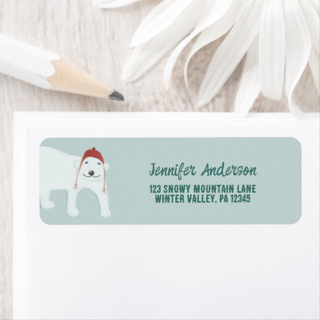 Polar Bear in Winter Hat Christmas Return Address (Insitu)