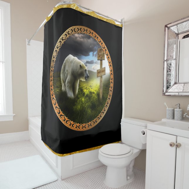 polar bear looking at the north pole wooden sign (In Situ)