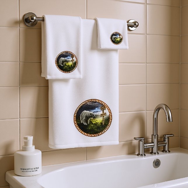polar bear looking at the north pole wooden sign bath towel set (Creator Uploaded)