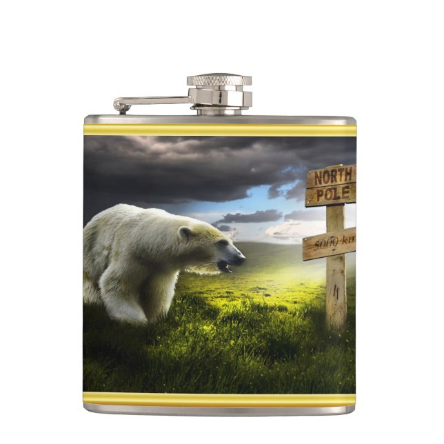 Polar bear looking at the north pole wooden sign hip flask (Front)