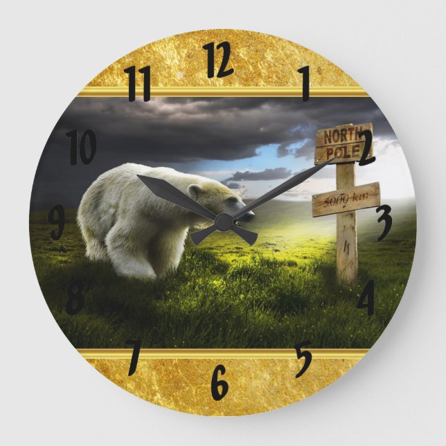 Polar bear looking at the north pole wooden sign large clock (Front)