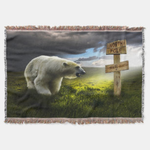 Polar bear looking at the north pole wooden sign throw blanket