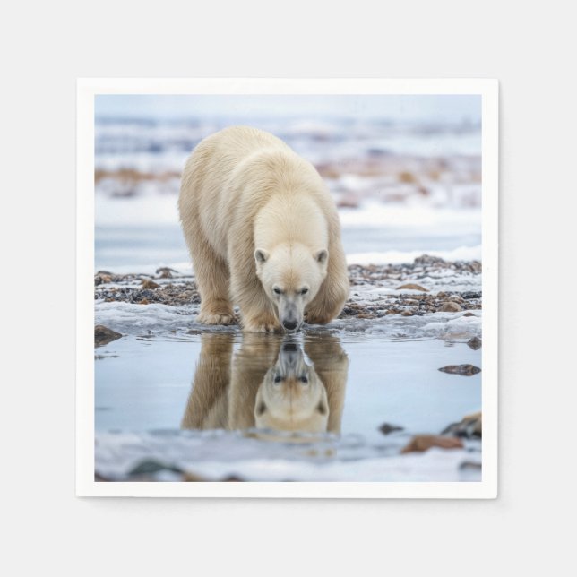 Polar Bear Looking In a Melting Ice Puddle Napkin (Front)
