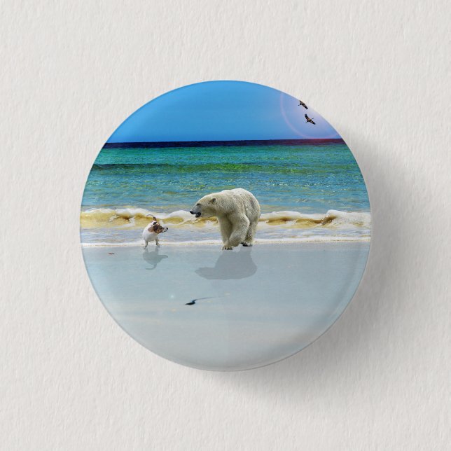 Polar Bear Meets Jack Russell,  Badge 1 Inch Round Button (Front)
