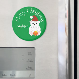 Polar bear Merry Christmas green Custom name Magnet