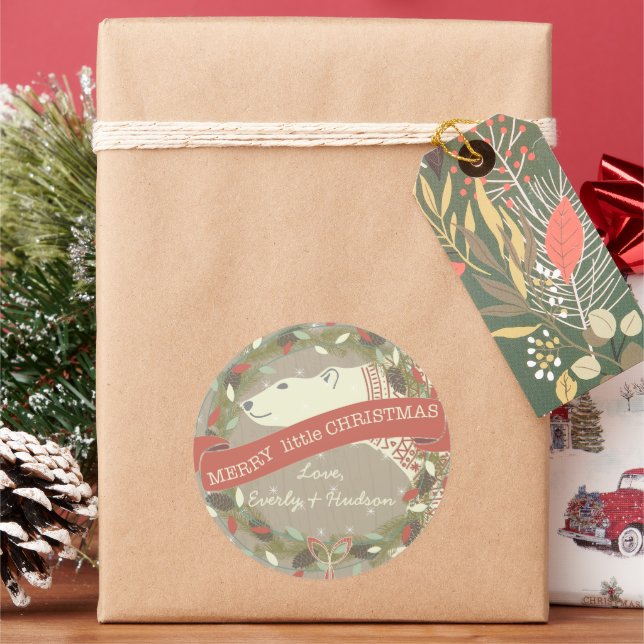 Polar Bear Merry little Christmas Garland of light Classic Round Sticker (Holiday)