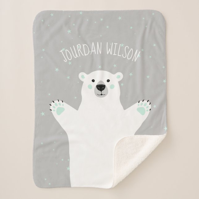 Polar Bear Mint Gray Add Your Name Baby Sherpa Blanket (Front)