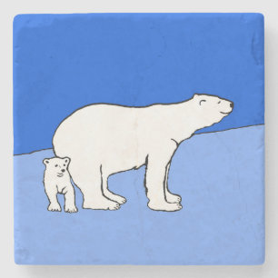 Polar Bear Mom and Cub Painting - Wildlife Art Stone Coaster