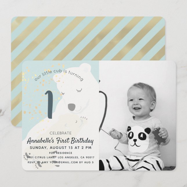 Polar Bear Mom & Cub Photo 1st Birthday Invitation (Front/Back)