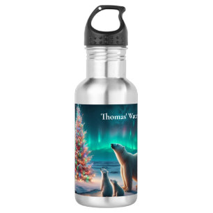 Polar Bear Mom Cubs Christmas Tree Aurora Borealis 532 Ml Water Bottle