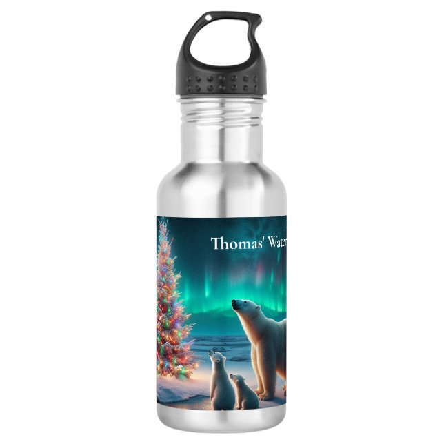 Polar Bear Mom Cubs Christmas Tree Aurora Borealis 532 Ml Water Bottle (Front)
