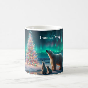 Polar Bear Mom Cubs Christmas Tree Aurora Borealis Coffee Mug