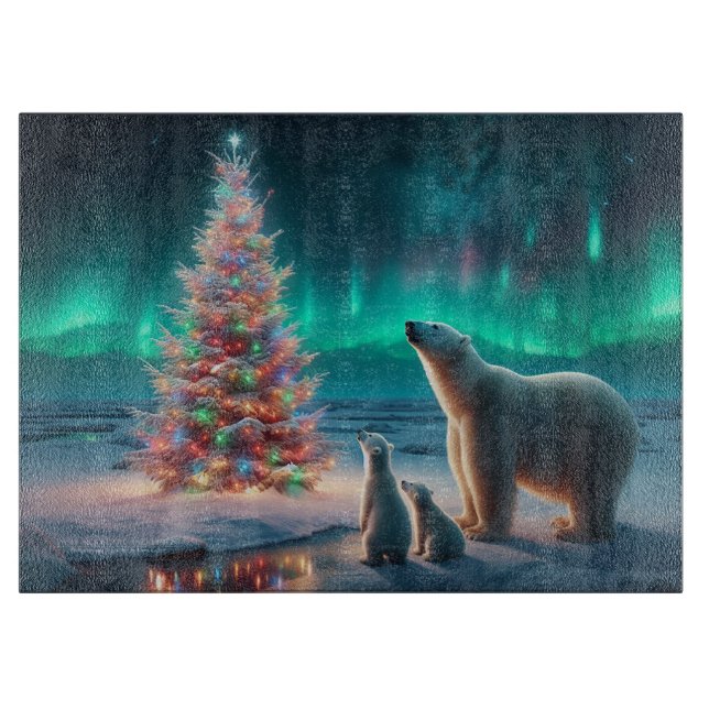 Polar Bear Mom Cubs Christmas Tree Aurora Borealis Cutting Board (Front)