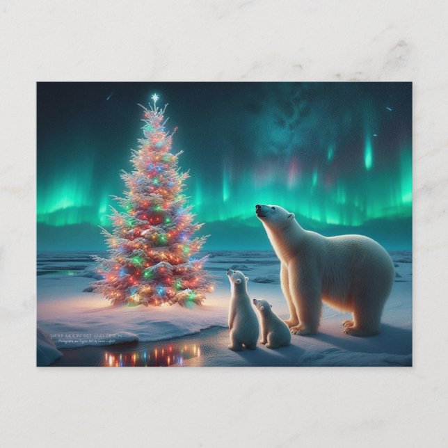 Polar Bear Mom Cubs Christmas Tree Aurora Borealis Holiday Postcard (Front)