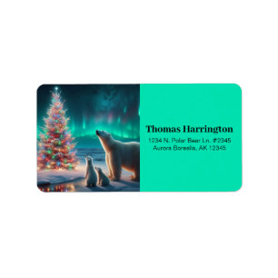 Polar Bear Mom Cubs Christmas Tree Aurora Borealis Label