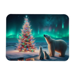 Polar Bear Mom Cubs Christmas Tree Aurora Borealis Magnet