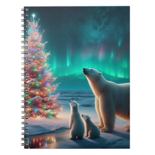 Polar Bear Mom Cubs Christmas Tree Aurora Borealis Notebook